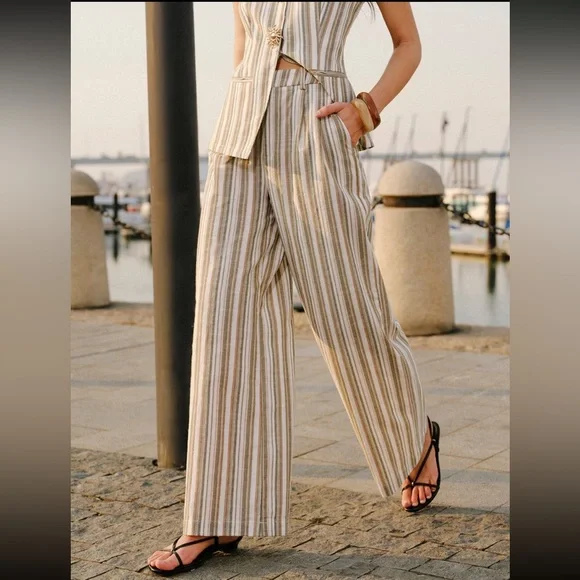 Commense Linen/Cotton Striped Vest & Mid-Waist Striped Wide-Leg Pants Set - Picture 3 of 16